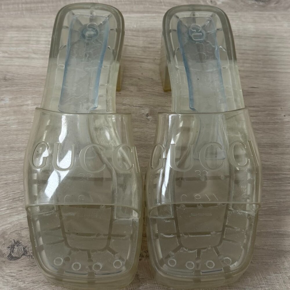 Gucci Clear Block Heel Platform Logo Slide Sandals size 35